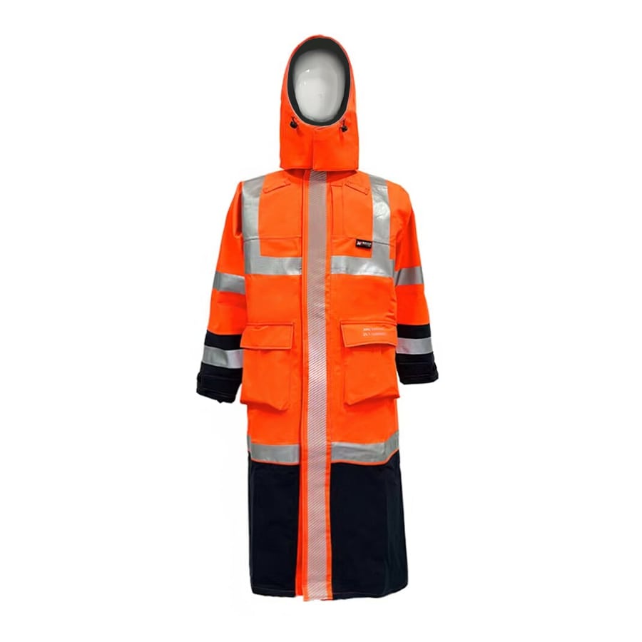 PRO ARC FR/ARC CAT 3 Breathable High Visibility Rainwear Trench Coat Orange/Navy